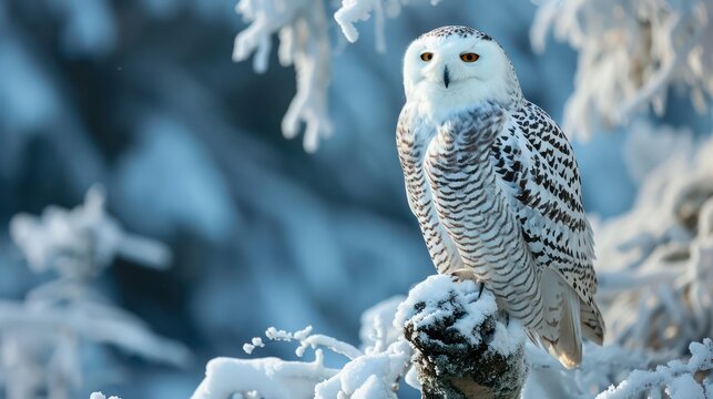 Winter wildlife photography of a snowy owl looking at the camera in its native habitat.

