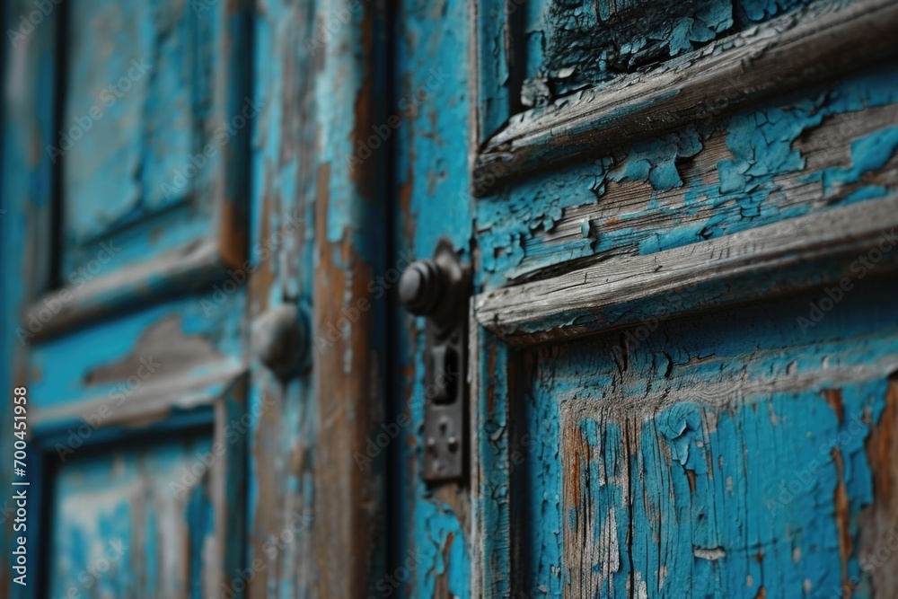 Poster A close-up view of a door with peeling paint. Perfect for adding a rustic touch to any design project