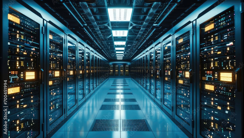Leinwandbilder a bustling server room, rows of high-tech computers with blinking lights, the cooling fans filling t