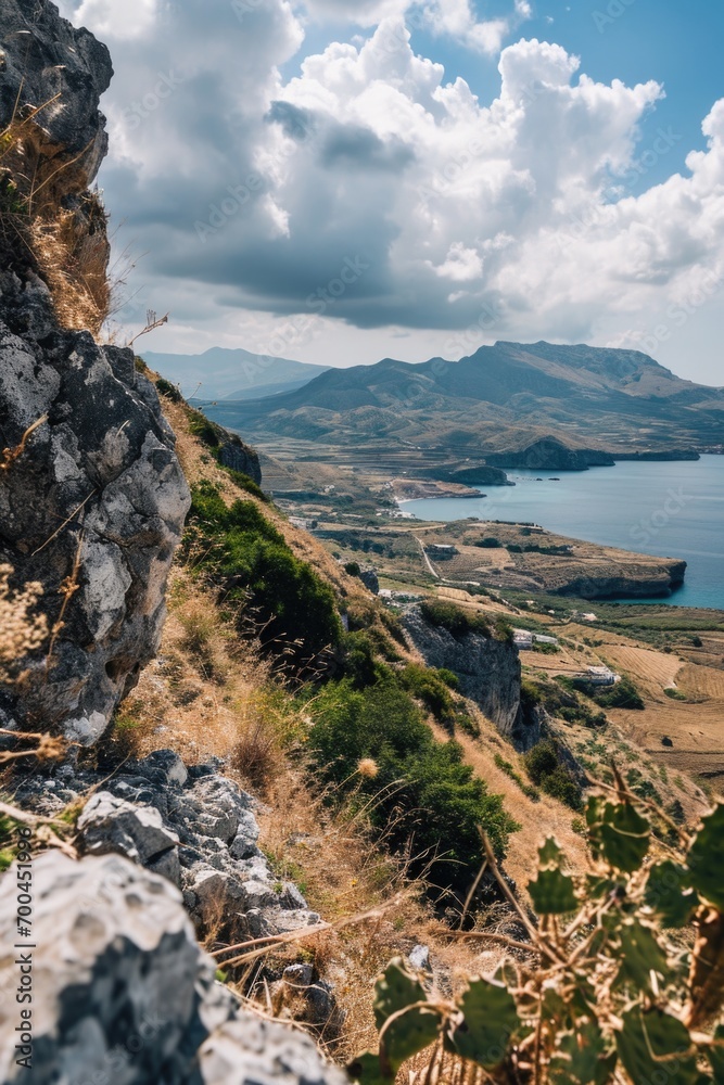 Poster a picturesque view of a mountain with a serene lake in the distance. suitable for nature and travel 