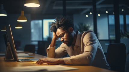 Tired African American professional with glasses at his desk in a modern office. Work fatigue concept. Generative AI - obrazy, fototapety, plakaty