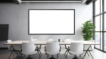 Bright meeting room with urban view, large poster frame for mockup. Corporate branding concept. Generative AI