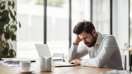 Frustrated man working in bright office space. Professional challenges and career stress concept. Generative AI