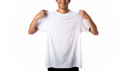 Smiling young man pulling white t-shirt, on white. Clothing design concept. Generative AI