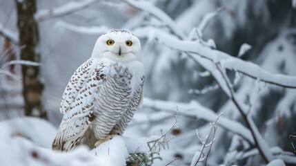 Winter scene featuring a snowy owl: Stunning wildlife photography capturing the owl in its habitat.
