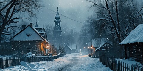 A picturesque snowy street with a beautiful church in the background. Suitable for winter-themed designs and holiday projects
