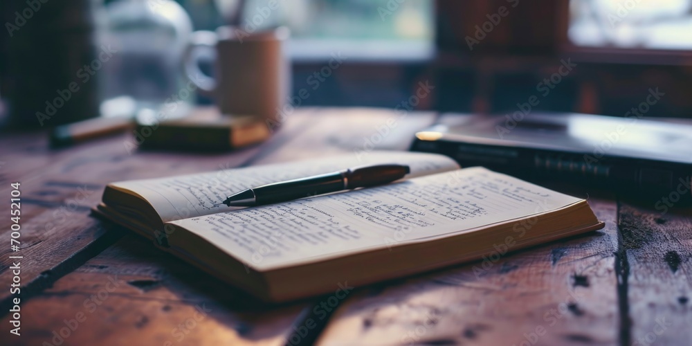 Aufkleber A pen rests on top of an open book, ready to be used. This versatile image can be used for various purposes