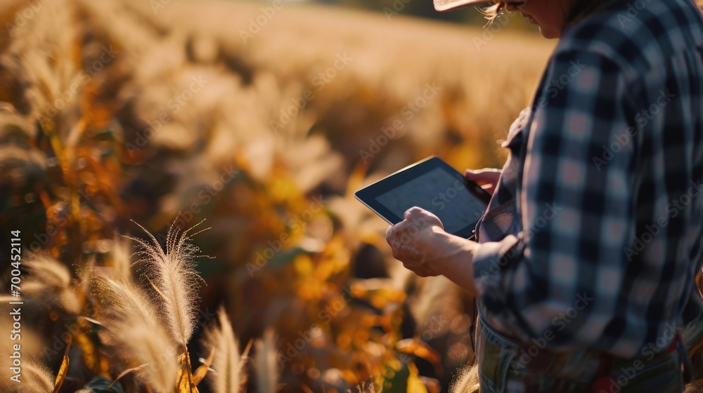 Poster a man is standing in a field, holding a tablet. this image can be used to represent technology, comm