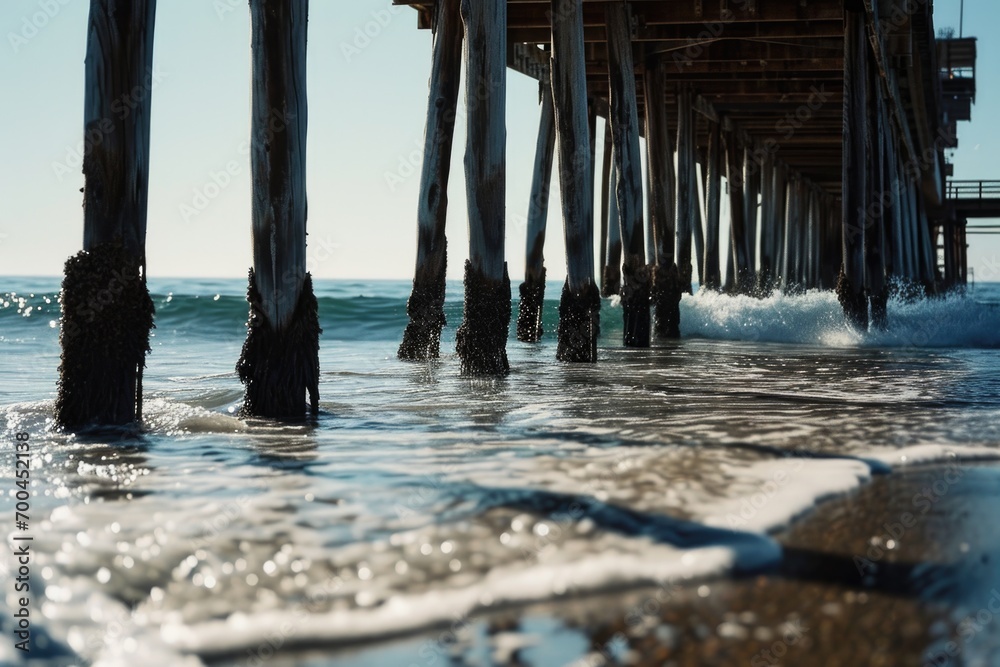 Poster a stunning view of the ocean as seen from underneath a pier. ideal for beach and nature-related proj