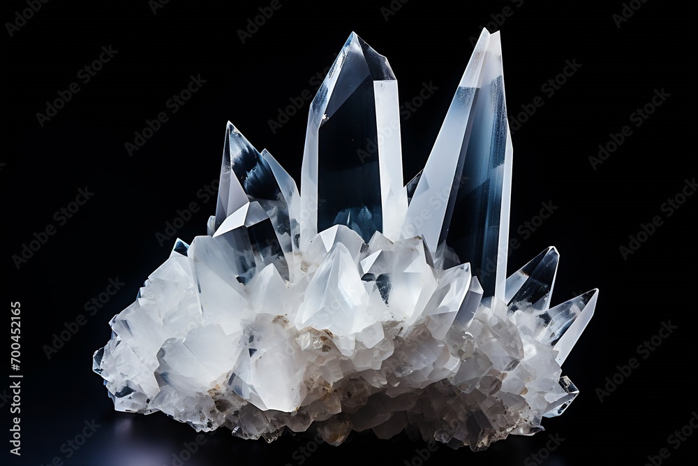 Aufkleber Generative AI : pure Quartz Crystal cluster gemstone closeup macro isolated on black background.