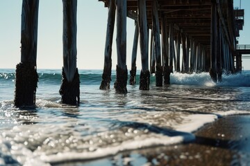 A stunning view of the ocean as seen from underneath a pier. Ideal for beach and nature-related projects