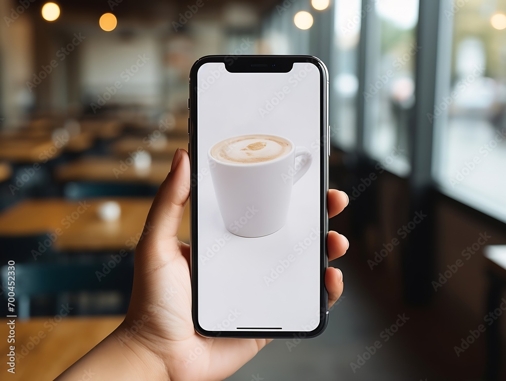 Poster generative ai : close-up image of a woman sitting in the cafe and using her smartphone