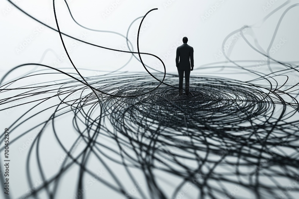 Poster a man standing on top of a spiral of wires. this image can be used to represent concepts such as ris