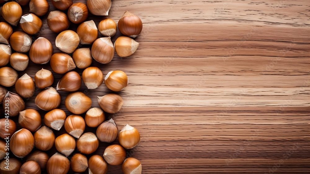 Poster generative ai : hazelnuts spilled on light wood table