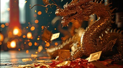 Dragons gold, Chinese New Year with red envelopes. Generative AI. - obrazy, fototapety, plakaty