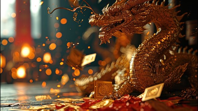 Dragons gold, Chinese New Year with red envelopes. Generative AI.