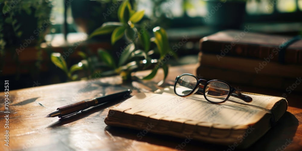 Poster a pair of glasses resting on top of an open book. ideal for educational and intellectual concepts