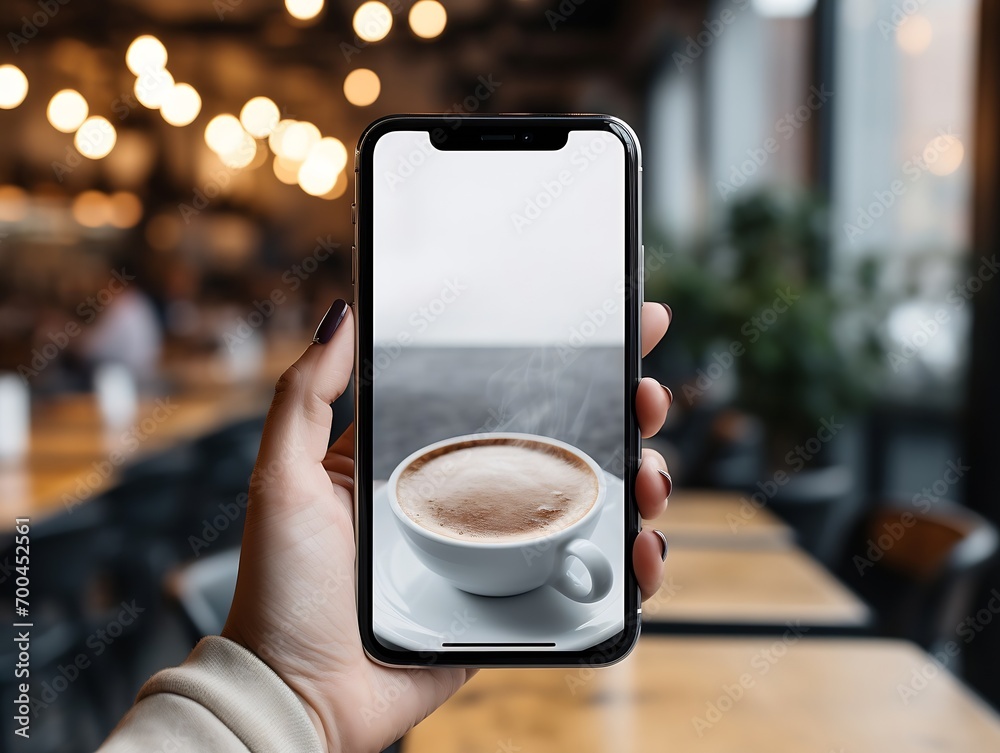 Poster generative ai : close-up image of a woman sitting in the cafe and using her smartphone