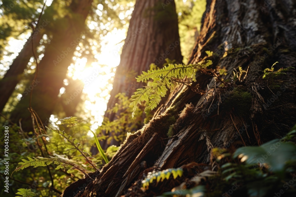 Poster Sunlight streaming through the trees in a forest. Ideal for nature-themed designs and backgrounds