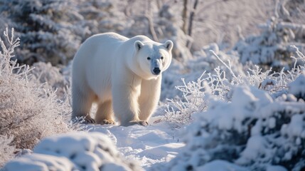 Photography of a polar bear in its natural habitat, set against a winter landscape.
 - obrazy, fototapety, plakaty