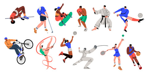 Big set with the athletes of summer sports. Fencing, basketball, football, volleyball, gymnastics, karate, cycling, golf, skateboarding, tennis, boxing, high jump