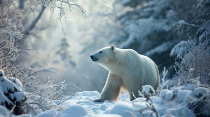 Polar bear in a winter landscape: Animal photography capturing the polar bear in its natural habitat. - obrazy, fototapety, plakaty