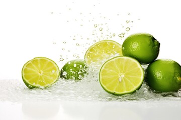 Generative AI : Natural fresh lime with water drops and sliced, green leaf isolated on white background