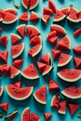 A pattern with pieces of ripe watermelon on a blue background. Top view, flat lay.