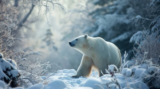Polar bear in a winter landscape: Animal photography capturing the polar bear in its natural habitat.