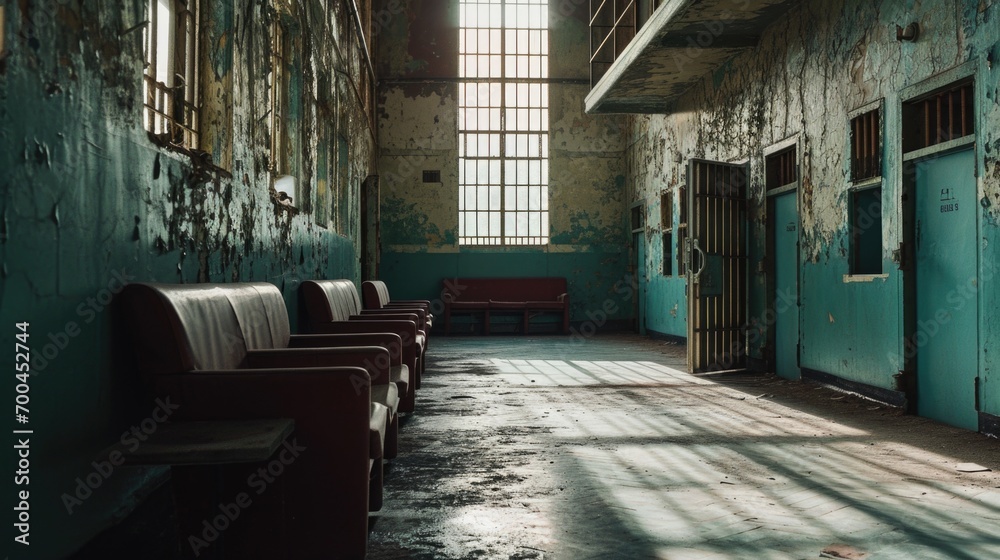 Poster a long row of benches in a run-down building. suitable for depicting abandoned places or urban decay