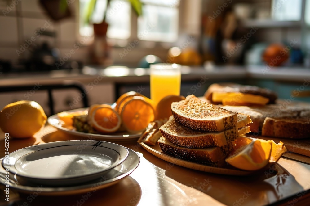 Poster a table filled with various plates of food, accompanied by a refreshing glass of orange juice. perfe