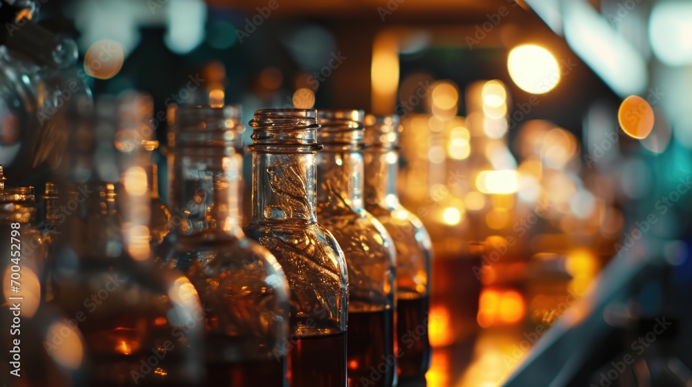 Poster A row of empty bottles sitting on top of a bar counter. Suitable for bar scenes or illustrating alcohol consumption.