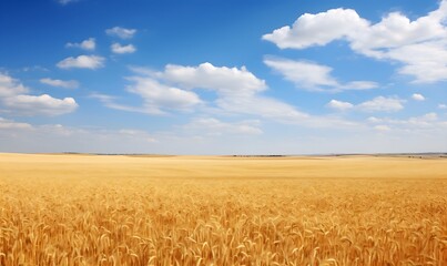Fototapeta premium Golden wheat field under blue sky with white clouds and ripe grain in summer harvest season