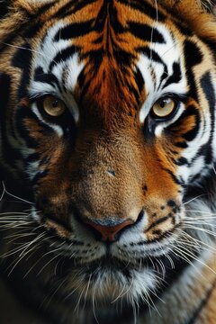 A close up view of a tiger's face with a blurred background. Suitable for wildlife photography or animal-themed designs
