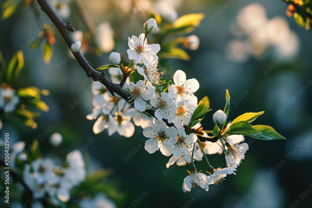 Poster a close-up view of a branch of a tree adorned with beautiful white flowers. perfect for nature enthu