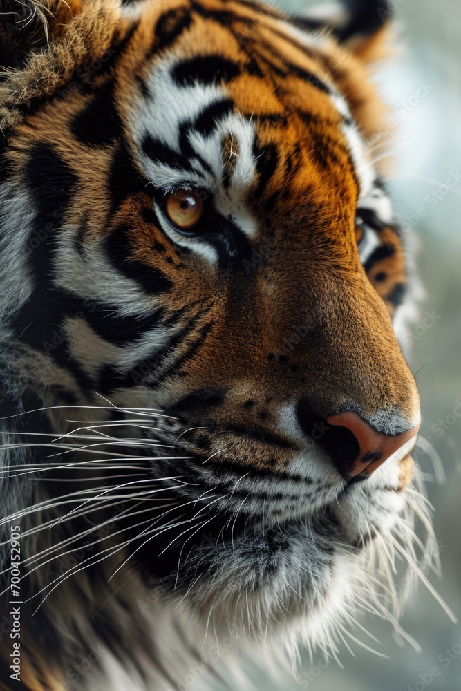 Poster A close-up view of a tiger's face with a blurred background. This image can be used to depict the fierce beauty and intensity of the tiger. Ideal for wildlife enthusiasts and animal lovers