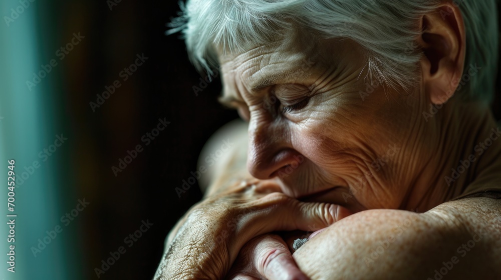 Aufkleber A close-up view of a person contemplating, with their hand resting on their chin. This image can be used to portray deep thought, decision-making, or introspection in various contexts