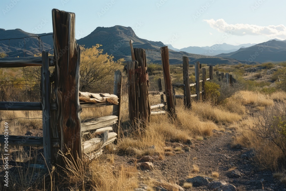 Poster a picture of a fence in the middle of a field, with beautiful mountains in the background. suitable 