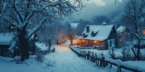 Snow covered path leading to a house. Perfect for winter landscapes and cozy home scenes