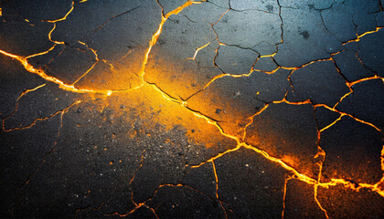 Cracked asphalt. Golden light. Place for text. Background for Photoshop - obrazy, fototapety, plakaty