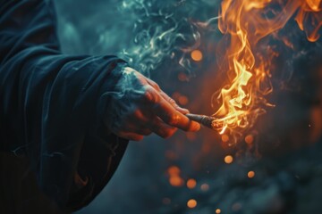A person holding a lit match in their hand. Perfect for illustrating concepts such as power, danger, ignition, and creativity. - Powered by Adobe