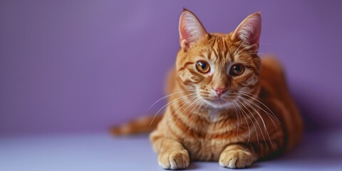 A cute orange tabby cat sitting on a purple surface. Perfect for pet lovers and cat enthusiasts