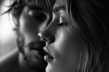 A picture of a man and a woman locked in a gaze, expressing intense emotions. Ideal for illustrating relationships, love, and human connection