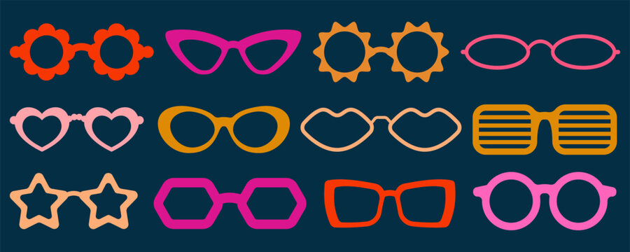 Groovy vector sunglasses. Retro hippy eyewear. Heart star and flower-shaped glasses. 70s funky design. Set of summer outfit