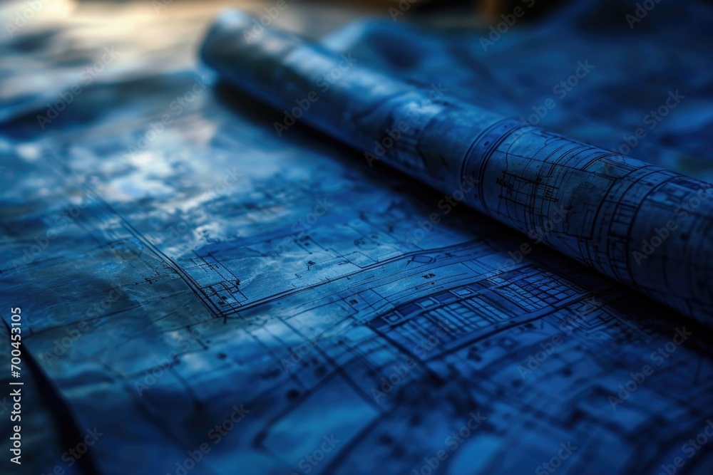 Poster a rolled up piece of blue paper is placed on a table. this image can be used for various purposes