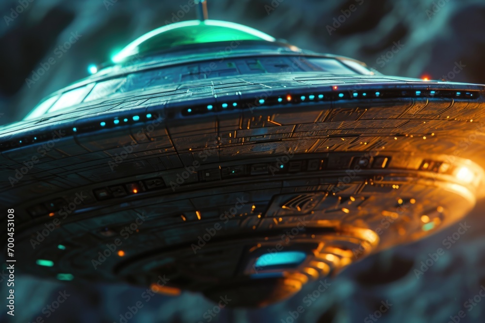 Poster A detailed view of a spaceship in flight against the backdrop of the sky. Ideal for science fiction enthusiasts and futuristic concepts