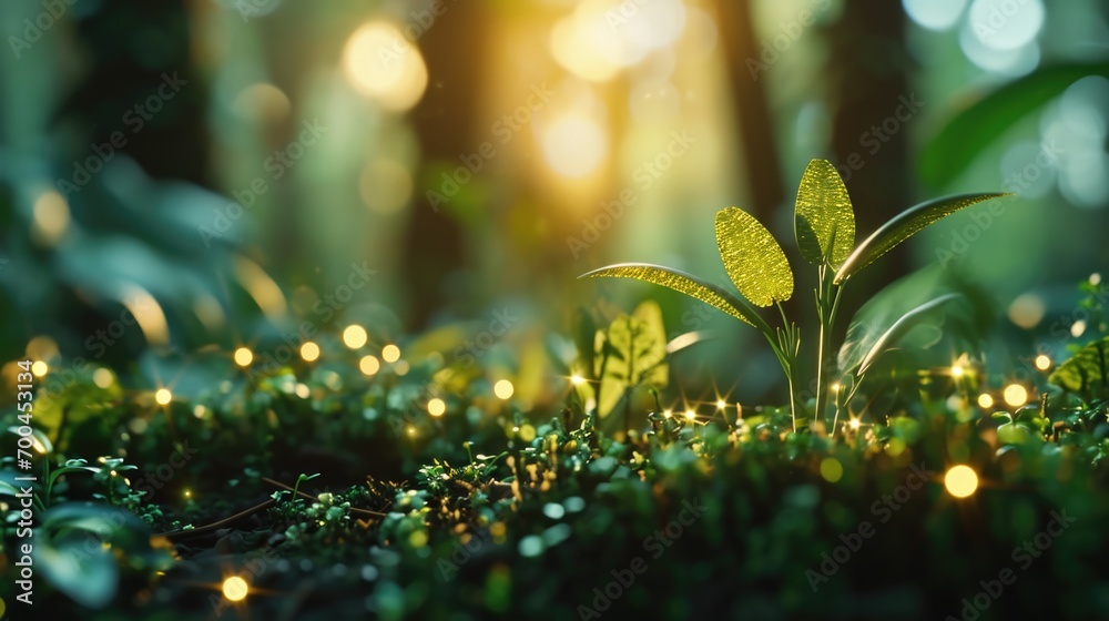 Poster a plant sprouting in the middle of a forest. can be used to represent growth and resilience in natur
