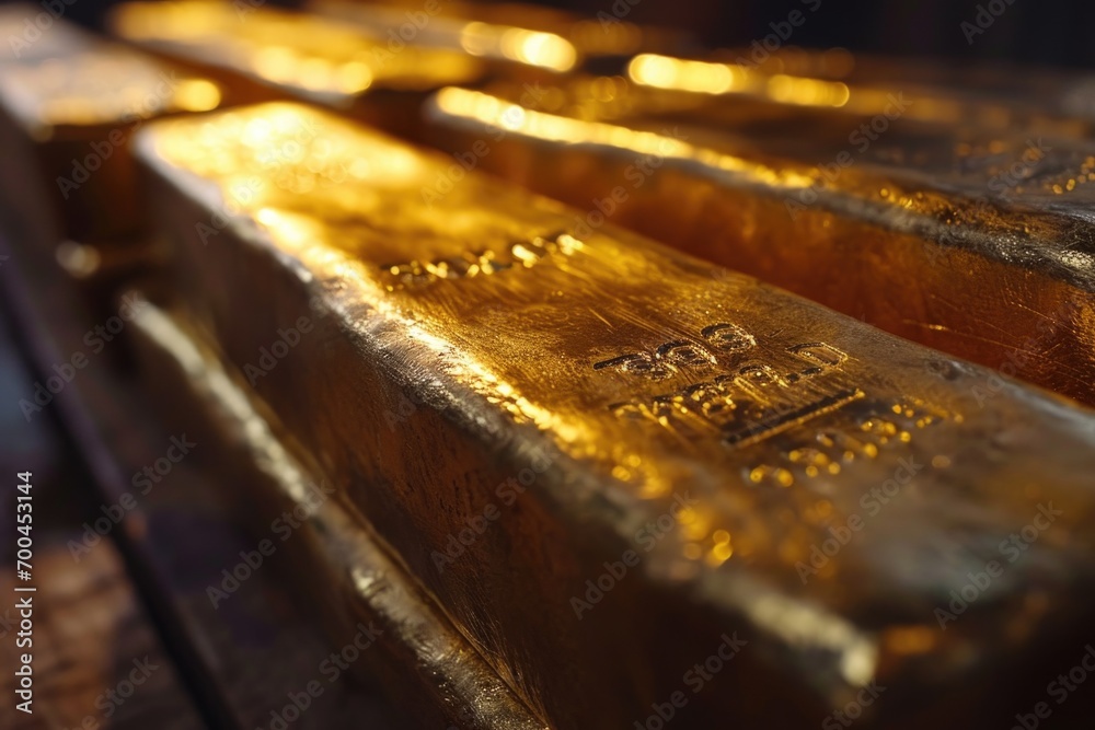 Poster a pile of gold bars neatly arranged on top of each other. ideal for financial and investment concept