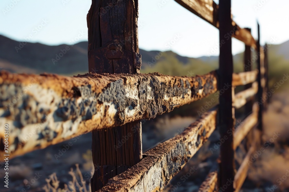 Poster a rusted fence in the desert with majestic mountains in the background. perfect for capturing the ru