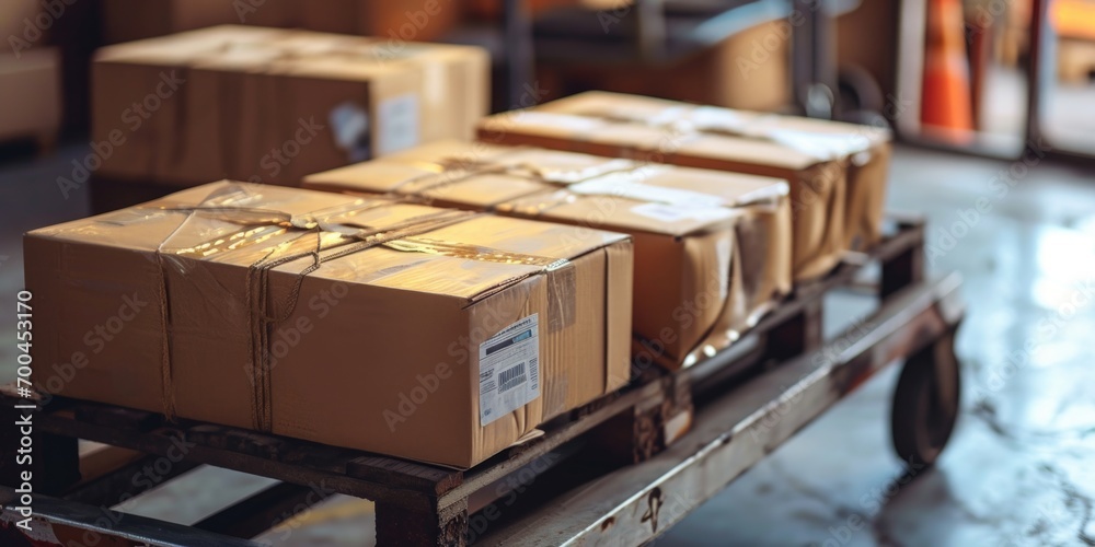 Poster a cart filled with boxes is pictured in a warehouse. this image can be used to represent storage, lo